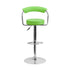 Contemporary Green Vinyl Adjustable Height Bar Stool With Arms And Chrome Base