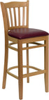 HERCULES Series Natural Wood Finished Vertical Slat Back Wooden Restaurant Bar Stool - Burgundy Vinyl Seat [XU-DGW0008BARVRT-NAT-BURV-GG]