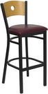 HERCULES Series Black Circle Back Metal Restaurant Bar Stool - Natural Wood Back, Burgundy Vinyl Seat [XU-DG-6F6B-CIR-BAR-BURV-GG]